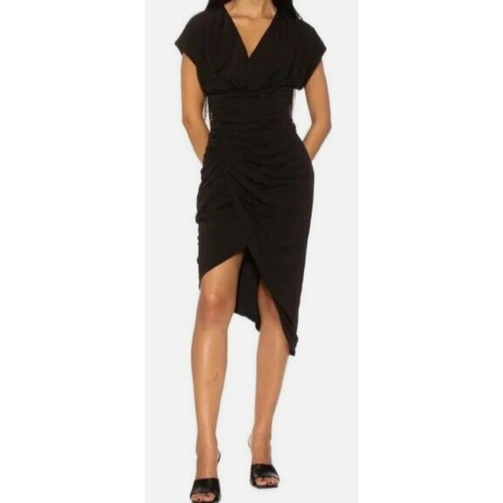 Alexia Admor Black Yoon Cap Sleeve Draped Midi Sheath Dress - XS